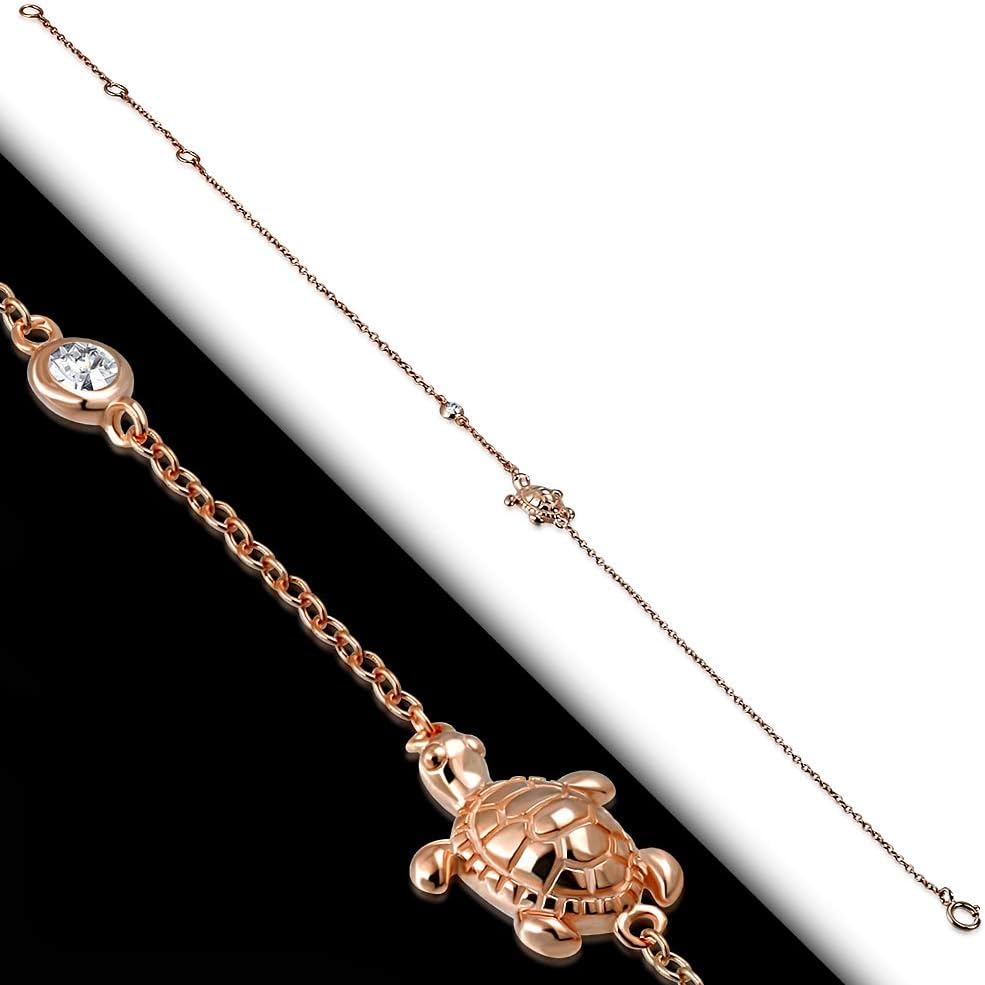 925 Sterling Silver Rose Gold-Tone Bezel-Set CZ Turtle Anklet Bracelet