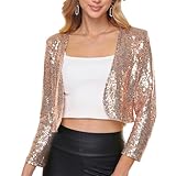 Women's Sequin Shrug Jacket Long Sleeve Open Front Glitter Blazer Bolero Wedding Party Sparkly Cropped Cardigan Rose Gold,M