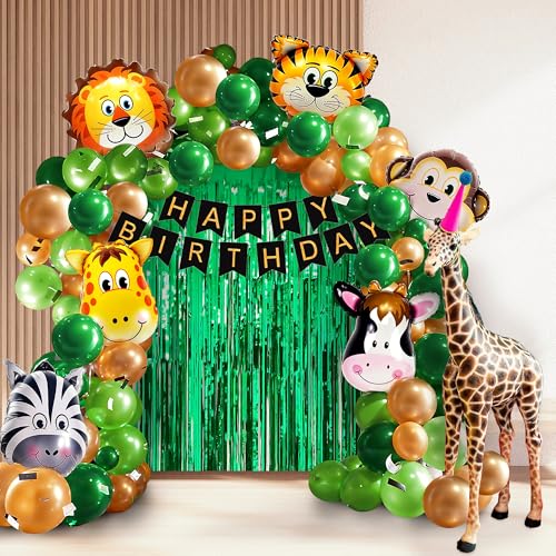 Image of Party Propz Jungle Theme Birthday Decoration Kit - 54 Pcs Jungle Theme Decoration, 6 ft Long Green Foil Curtain, Animal Foil Balloons, Happy Birthday Banner (Cardstock)