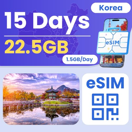 Image of eSIM Cards for International Travel Prepaid Data, Compatible with Unlocked Smartphones, 4G LTE 5G, Hotspot Supported, Instant Activation in 10 Minutes (Korea 22.5GB / 15 Days)