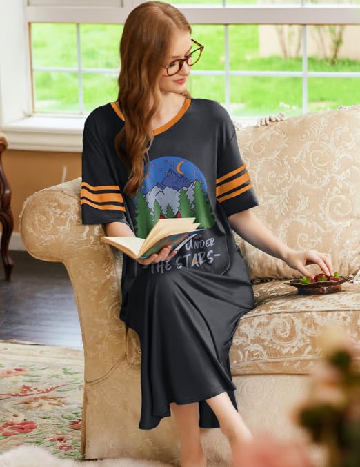 Image of Ekouaer Long Nightgown, Womens V Neck Loungewear Oversized Sleepwear Loose Sleep Dress S-4XL