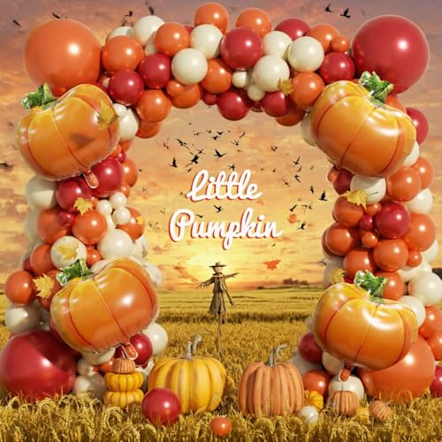 Image of Fall Balloon Arch Garland Kit 153pcs with Pumpkins, Thanksgiving Balloons Arch Kit Burnt Orange Burgundy Yellow Balloons Different Sizes for Little Pumpkin Birthday Baby Shower Decoration