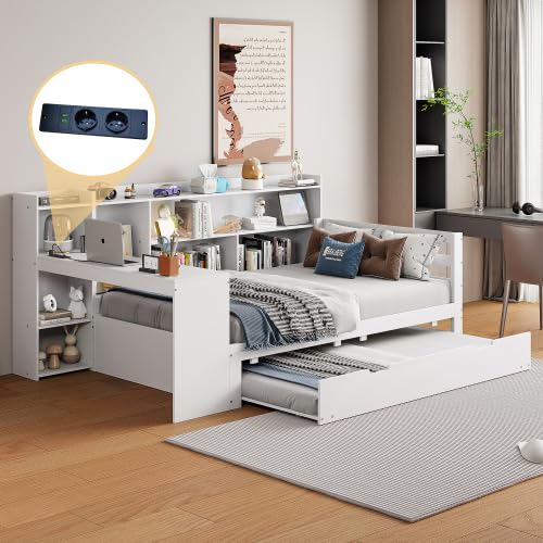 Lit pour enfant 90 x 200 cm, canapé-lit en bois massif, avec bureau, bibliothèque, compartiments de rangement, avec prise de courant, lit multifonction avec sommier à lattes en bois (blanc, 90 x 200