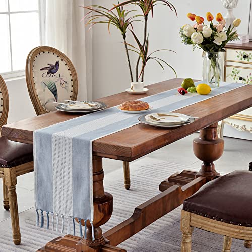 Wracra Linen Table Runner, Farmhouse Macrame Table Runners 108 Inches Long For Dining Table Decor, Wedding, Party And Dresser Decor (Blue,108") #TOP6