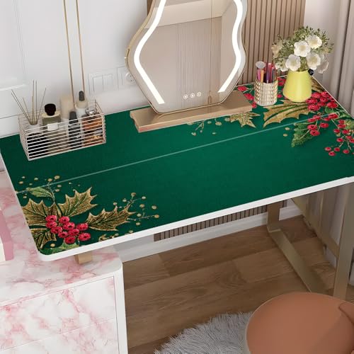 Image of Green Gold Holly Berry Desktop Sticker 39.37x23.62In, Classic Christmas Corner Desk Decal, Easy Clean Table Surface Sticker, Elegant Holiday Home Decor