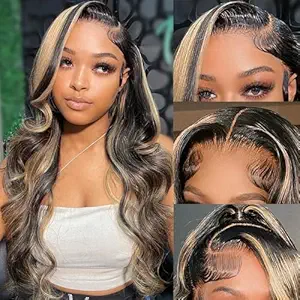 13x6 1b/27 Highlight Ombre Balayage Lace Front Wigs Human Hair Black and Blonde Body Wave Lace Frontal Wig Pre Plucked with Baby Hair for Black Women HD Transparent 180% Density Wig 26Inch