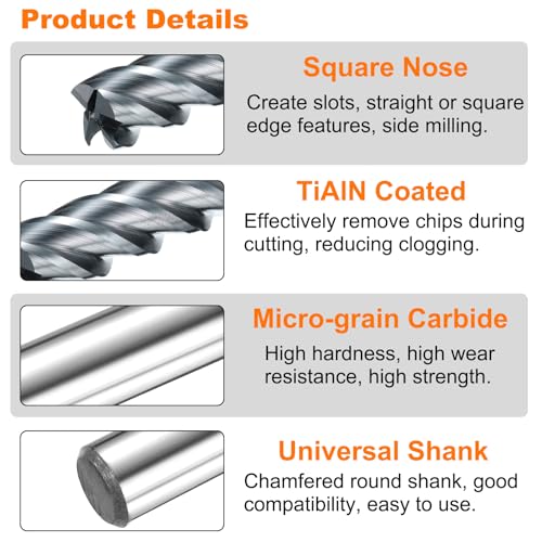 Image of HARFINGTON Carbide Square Nose End Mill Bit 1 /2 inch Cut Dia 4 Flutes TiAlN Coated Milling Cutter for Hardened Steel Metal (1 /2 inch Shank 1-1 /2 inch Cut Length 3 inch Long 45 Degree Helix HRC53-55)