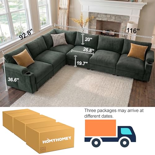 Image of Sectional Couches for Living Room FSC Certified Chenille Modular Couch Oversized Cloud U Shaped Convertible Sleeper Sofa Chaise Detachable Armrest Cushion (Chenille Green, L Shape 6 Seat)