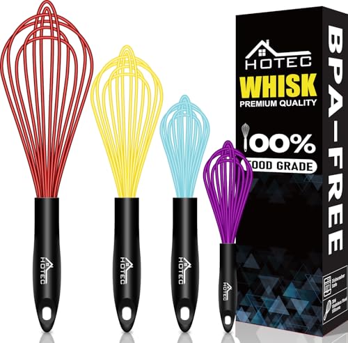 Image of HOTEC 4 Pieces Silicone Whisks Set, Wire Balloon Whisks for cooking Egg Beater, Non-slip Handle Whisk for Non-stick Cookware Perfect for Cooking, Stirring, Beating and Blending,Multicolor