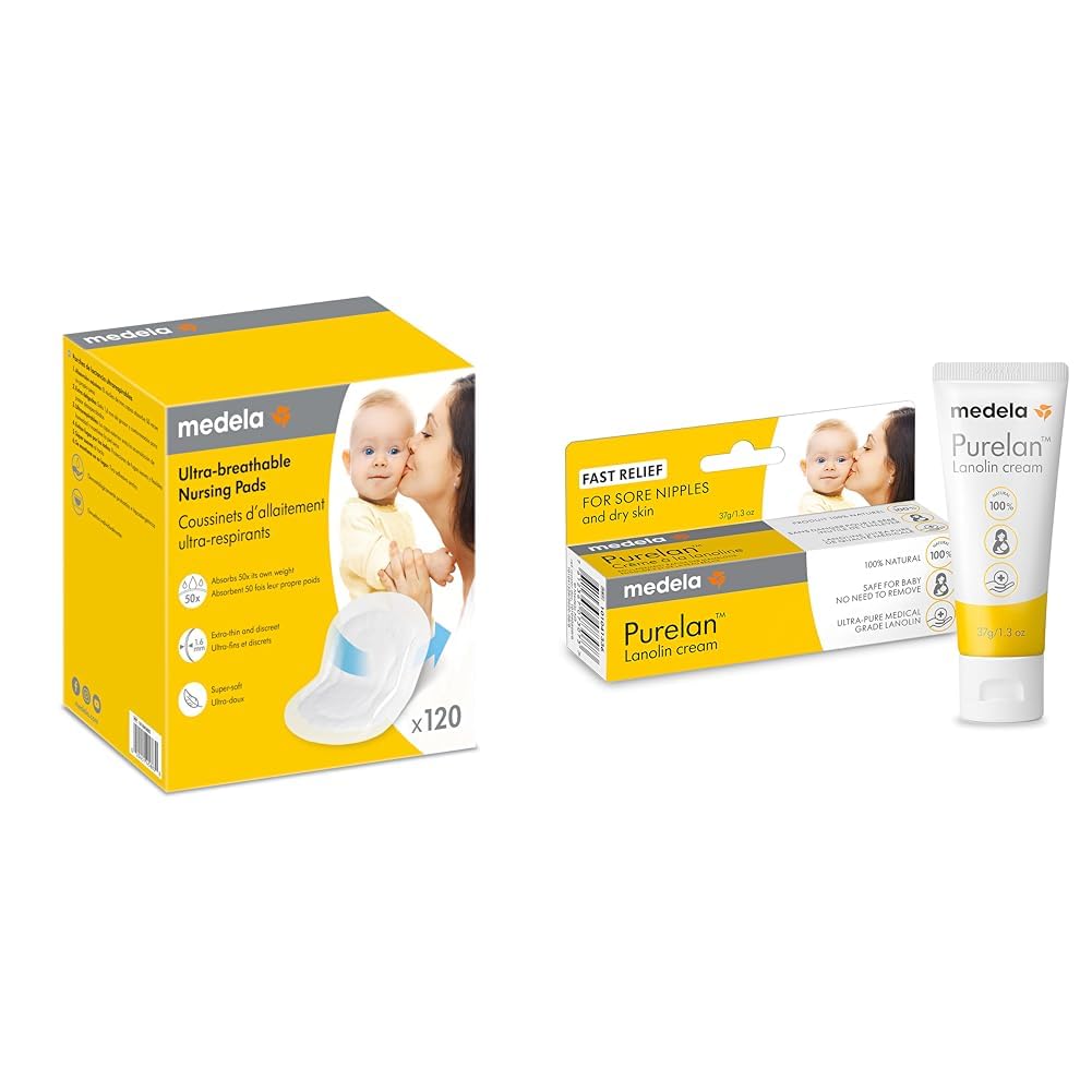 Medela 120 Count Ultra-Breathable Nursing Pads and Purelan Lanolin Nipple Cream Breastfeeding Bundle