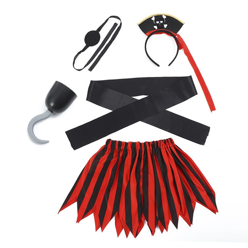 DKLQXCE disfraz pirata, 5 Pcs Accesorios Pirata Cumpleaños, disfraz pirata niña, Decoracion Pirata Cosplay para Niños Incluir Falda pirata sombrero ojo parche cinturón para Halloween Carnaval