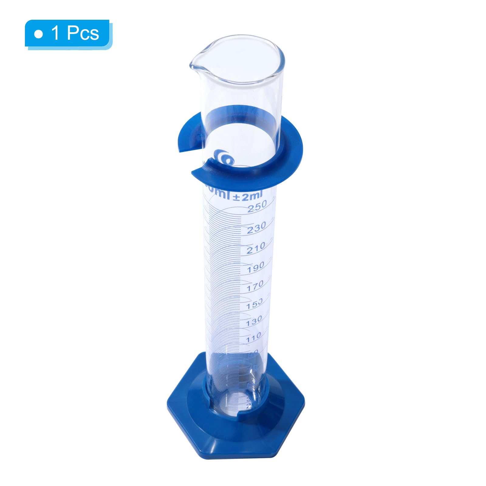 PATIKIL 250ml 3.3 Borosilicato Vetro Graduato Cilindro, Alto Trasparenza Plastica Base Blu Graduazioni Misuratore Cilindro per Laboratorio Casa Uso, Trasparente