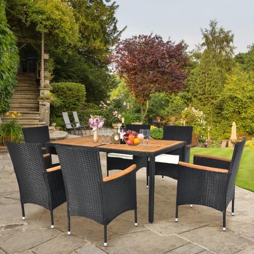 Outvita 7 Pieces Patio Dining Set, Outdoor Patio Furniture Set with Acacia Wood Table and Rattan Chairs, Outdoor Furniture with Soft Seat Cushions for Garden, Backyard, Poolside