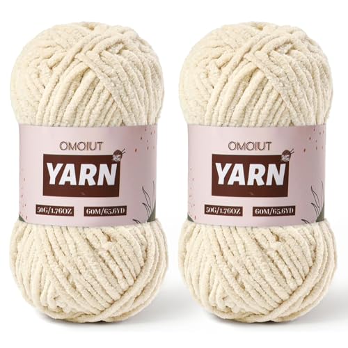Image of 2 Packs Plush Chenille Chunky Crochet Yarn - Baby Yarn for Crocheting Soft - Velvet Yarns Knitting for Blankets Crafts - Fluffy Amigurumi Yarns 100g /131yds (2 Beige)