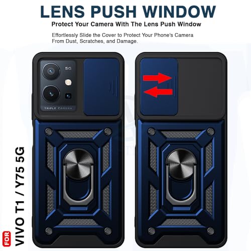 Image of AESTMO Tough Armor Vivo T1 5G / Y75 5G / iQOO Z6 5G Bumper Back Case Cover | Ring Holder & Sliding Camera Shield Cover | 360 Degree Protection Back Case Cover (Blue)