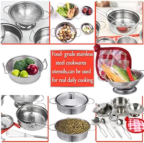 Stainless Steel Pretend Cooking Utensils Cookware Set,Mini Play Kitchen Accessories,Play Pots and Pans Toys Packed in a cloth bag for Kids Toddlers