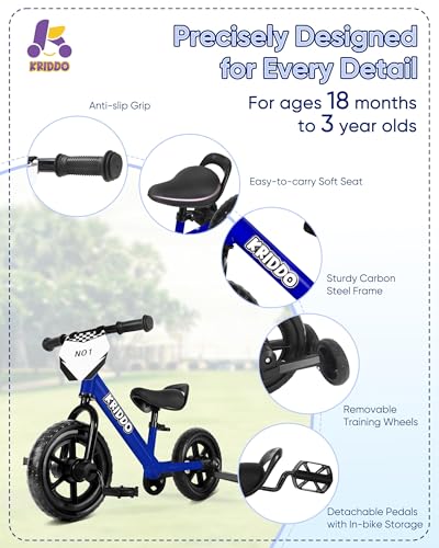 Image of KRIDDO 2-in-1 Kids Tricycle and Toddler Balance Bike 2 Year Old, Detachable Pedals and Stowable Training Wheels, DIY Plate, Riding Trikes Toy for Ages 18 Months to 3 Years