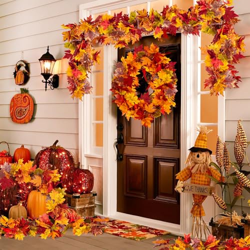 Image of Fall Maple Leaf Garland, Yellow, 2PCS, 11.8FT | Thanksgiving Artificial Hanging Fall Leave Vines, Fall Floral Garlands, Halloween Autumn Decor, For Home Wedding Party