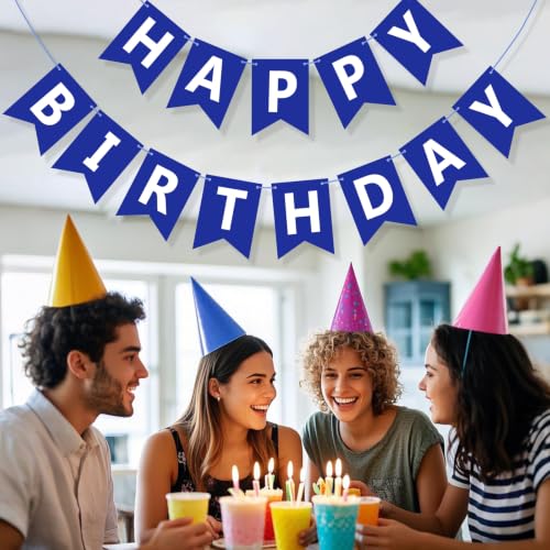 Image of Happy Birthday Banner Sign, Birthday Garland Wall Door Hanging Banners Flag for Women Men Boys Girls Party Backdrop Decorations, Personalized Name Banner White Letters Blue