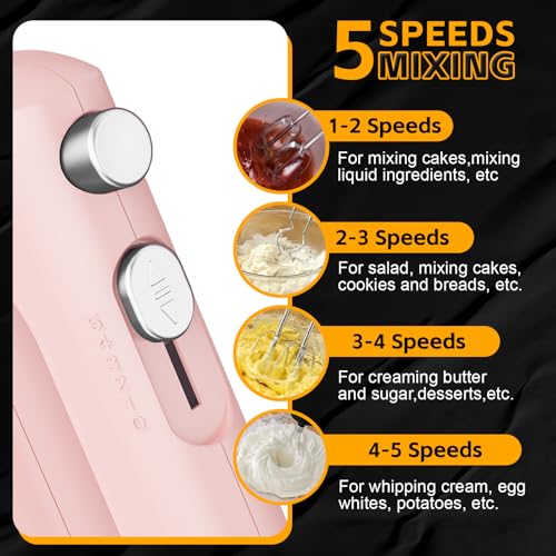 Image of Lord Eagle 5-Speed Small Hand Mixer Electric, 300W Compact Portable, Pink