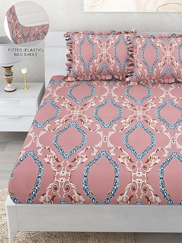 Image of King Size Fitted Bedsheet for Double Bed | 300 TC Cotton Feel Microfiber | All Around Elastic with 2 Frill Pillow Covers | Soft & Durable | (PinkEkaFrill, Fitted - 72 x 78 Inch King)