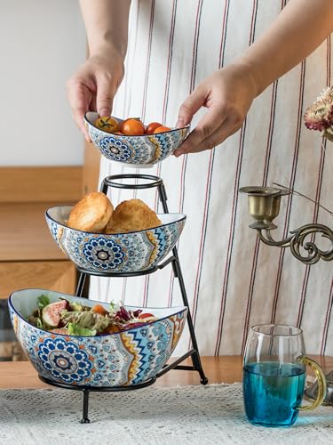 YHOSSEUN 3 Tier Serving Bowls, Serving Dishes for Entertaining Porcelain Serving Trays and Platters Tiered Bowl Set with Collapsible Thicker Sturdier Metal Rack - Image 5