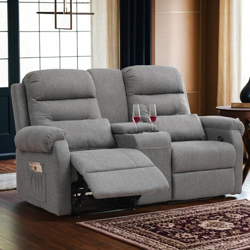 TPHORK RV Loveseat Recliner with Console, Reclining Loveseat Sofa, Manual Home Theater Seating with Pockets/Cup Holders for Living Room/RV Furniture (Linen Ash)