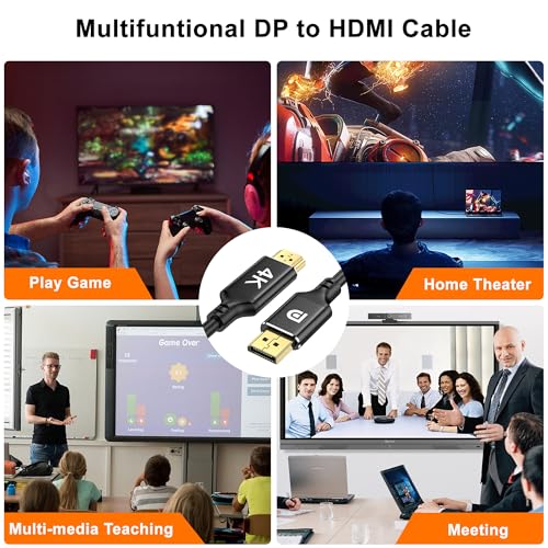 4K DisplayPort to HDMI 3 Feet Gold-Plated Cable, 4K@30Hz, 2K@60Hz, 1080P Full HD, Uni-Directional DP 1.2 Computer to HDMI 1.4 Screen Cable, Compatible with NVIDIA, AMD, HP, Monitor, Projector, Desktop - Thumbnail 7