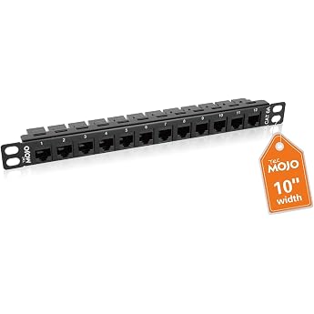 Tecmojo 10 0.5U 12-Port Cat6A Patch Panel Rack Mount Module Panel with RJ45 Keystone Coupler for 10 Server Cabinets and Network Cabinets 10-Gigabit Ethernet Black