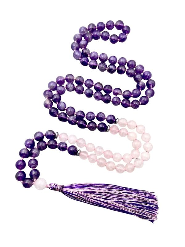 Collier Mala en améthyste AAA et quartz rose avec 108 perles nouées pour la méditation