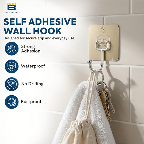 Image of Self Adhesive Long Wall Hooks |No Damage, Easy Installation |Waterproof and Oilproof Stainless Steel Hangers for Bathroom Shower Door Outdoor Home Improvement Utility Hook | (Gold, Pack of 10)