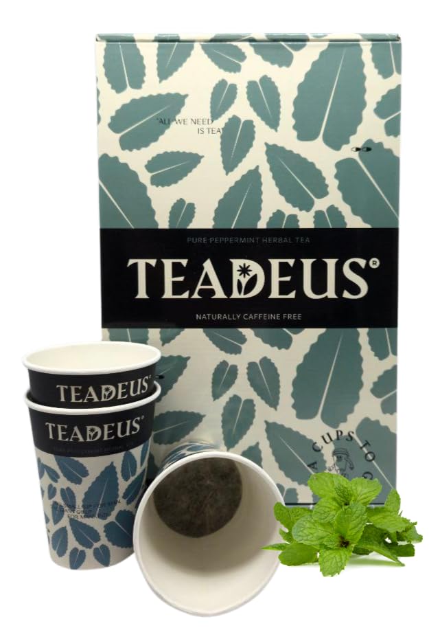 TeaDeus Peppermint Herbal Instant Brew Tea in a Cup, Set of 16 Eco-Friendly Tea Cups for Home, Travel & Office, Hot or Iced