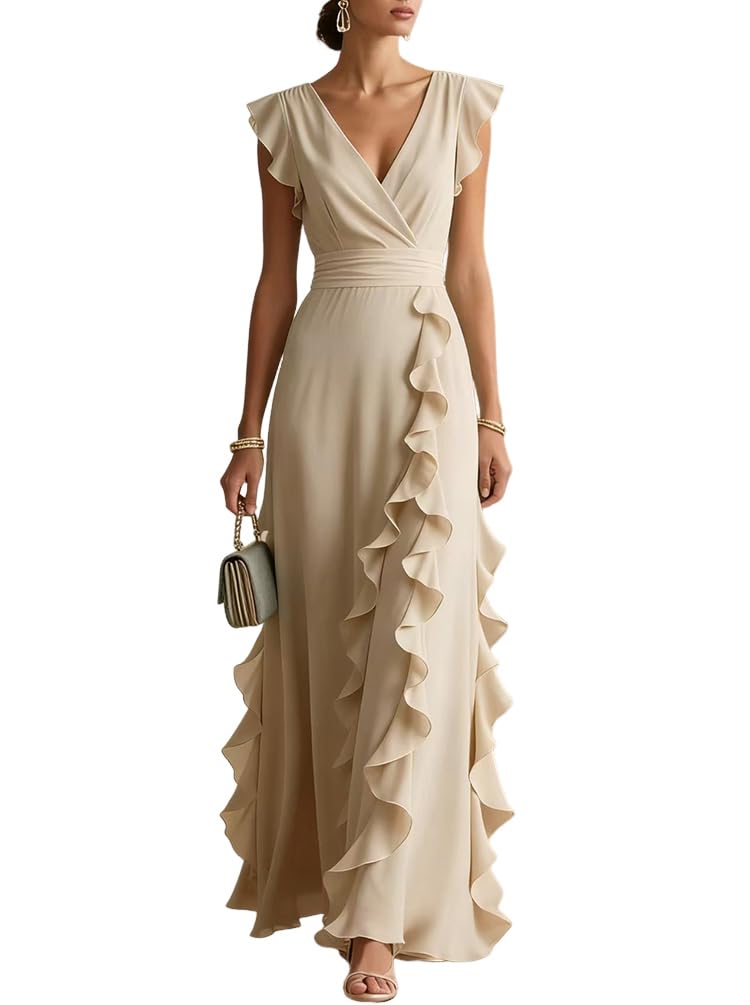 Minetom Robe de Soirée Femme Elegante Col en V Plissée Maxi Robes de Cocktail Cérémonie Mariage Longue