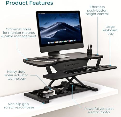 VERSADESK PowerPro 36 Inch Electric Standing Desk Converter, Height Adjustable Sit to Stand Up Desk Riser, Laptop and Dual Monitor Desktop Workstation with Wide Keyboard Tray and USB Port, Black - Thumbnail 5