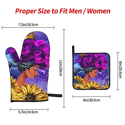 Black Girl Purple Sky Oven Mitts And Pot Holder Set - Sunflower Butterfly Print Watercolor Art Design Hot Pad Heat Resistant Waterproof Kitchen Microwave Gloves For Baking Cooking Grilling Bbq #TOP3