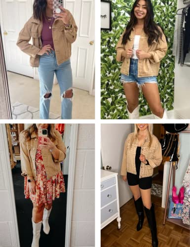 Puwei Dressy Rivet Studded Denim Jacket For Women Western Distressed Washed Crop Jean Coat(2492-Khaki-S) #TOP1