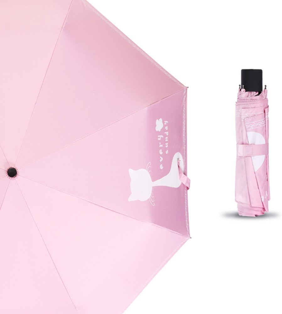 VILLASON UPF 50+Anti UV Windproof & Waterproof Compact Travel Umbrella/Sturdy Canopy Construction 5 Layers Nano Coating for UV Protection & Waterproof/Ultra Slim and Light(Pink Cat)