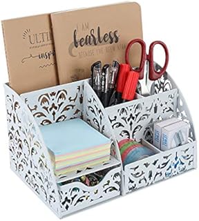 EasyPAG Office Metal Desk Tidy Versatile Stationery Storage Desktop Organiser Pen Holder with Drawer,White