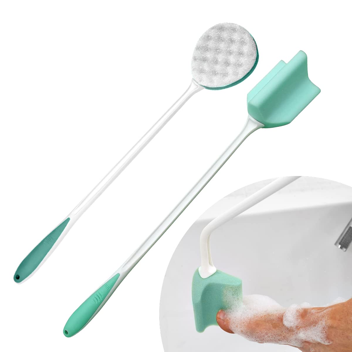 2 Pack Helping Hand Company Long Handled Deluxe Comfi-Grip Bath & Shower Sponge x 2, Bendable Shower Sponges 26”/66cm Long Exfoliating Sponge & Toe Foot Clean Sponge for Elderly, Disabled, Pregnant