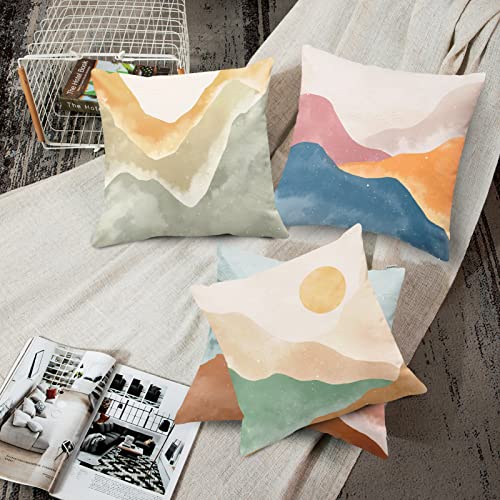 Emvency Boho Set Of 4 Throw Pillow Covers Mid Century Bohemian Landscape Mountain Sunset Modern Abstract Minimalist Decorative Pillow Cases Home Decor Standard Square 18X18 Inches Pillowcases #TOP4