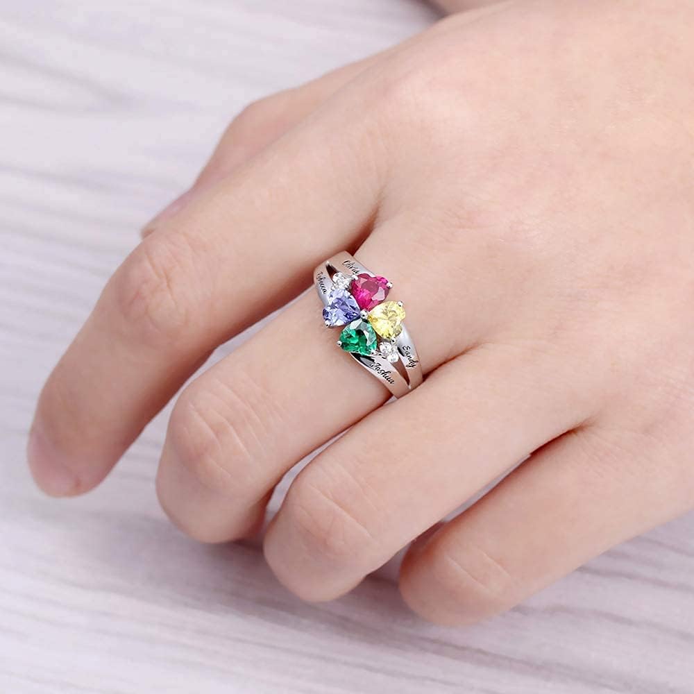 Getname Necklace Mothers Ring Sterling Silver with 1 2 3 4 5 6 7 8 9 Birthstones & Names Personalized Women Band Custom Stones Names White Gold Plated Gift for Mothers Day