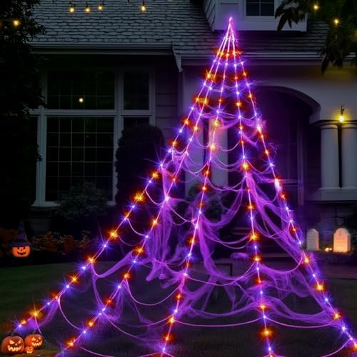 Spider Web Lights Halloween Decoration Outdoor - 250 Purple & Ora...