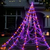 Spider Web Lights Halloween Decoration Outdoor - 250 Purple & Orange LED, 8 Lighting Modes, 16FT Giant Spider Web for Yard, Outside