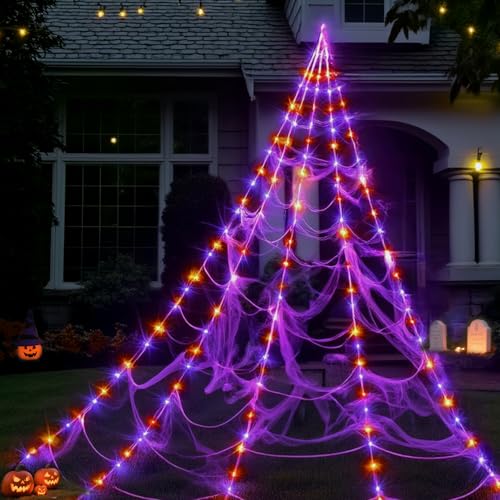 Spider Web Lights Halloween Decoration Outdoor - 250 Purple & Orange LED, 8 Lighting Modes, 16FT Giant Spider Web for Yard, Outside