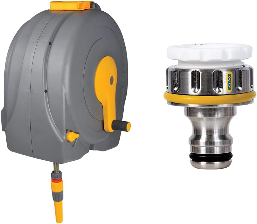 HozelockLtd 2496R0000 Wall Mounted Fast Reel with 40m Hose, Multicolor & Hozelock Metal Threaded Connector Pro 3/4 inch for Taps