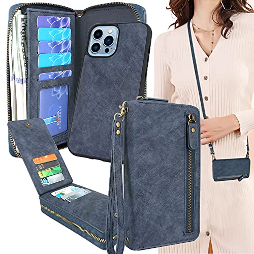 Lacass Compatible with iPhone 13 Pro Max 6.7 inch 2021 Crossbody Chain Dual Zipper Detachable Magnetic Leather Wallet Case Cover Wristlets Wrist Strap 13 Card Slots Money Pocket (Blue)