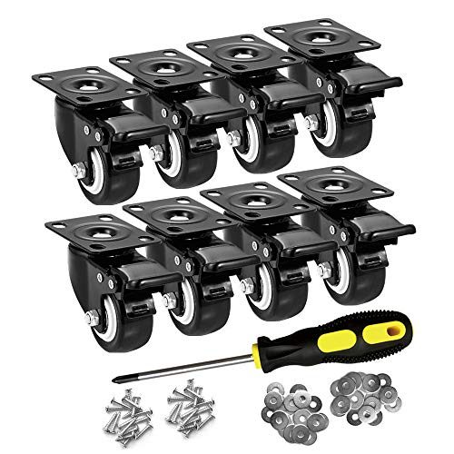 Image of 2 inch Caster Wheels Set of 8, Heavy Duty Casters with Brake, No Noise Locking Casters with Polyurethane (PU) Wheels, Swivel Plate Castors Pack of 8