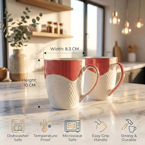 Image of UPC Milk Mug Set of 2 | White Black Pinstripe Red Accent Band Printed Bone China Coffee Tea Milk Mug | Gift for Home & Kitchen