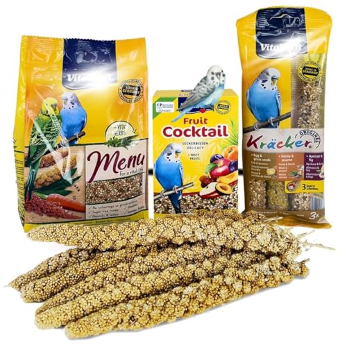 Fabylz Mart Budgie Food bundle of Budgie Seed Mix & Budgie Treats containing Menu 500g x1, Fruit Cocktail 200g x1, Kracker Trio Mix Egg Apricot Honey 3 Sticks and Budgie Millet Spray x6
