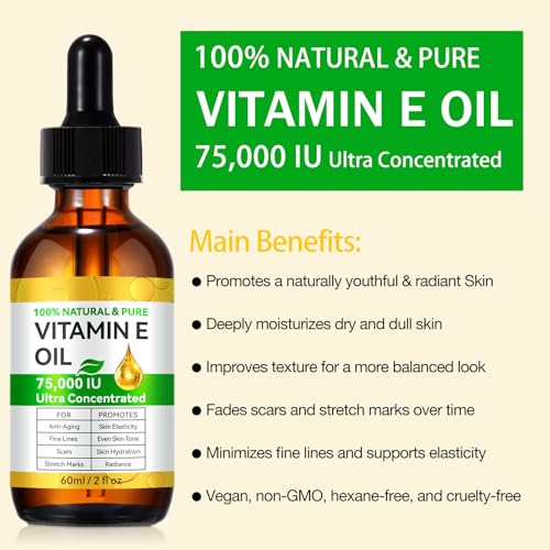 Generic 2PACK Vitamin E Oil, Pure Vitamin E Oil for Skin, Face, Hair & Scars, Vita-min e Oils 75,000 IU, Antioxidant for Dryness, Wrinkles & Stretch Marks, Moisturizing & Firming Skin, Natural Vitamin e oil